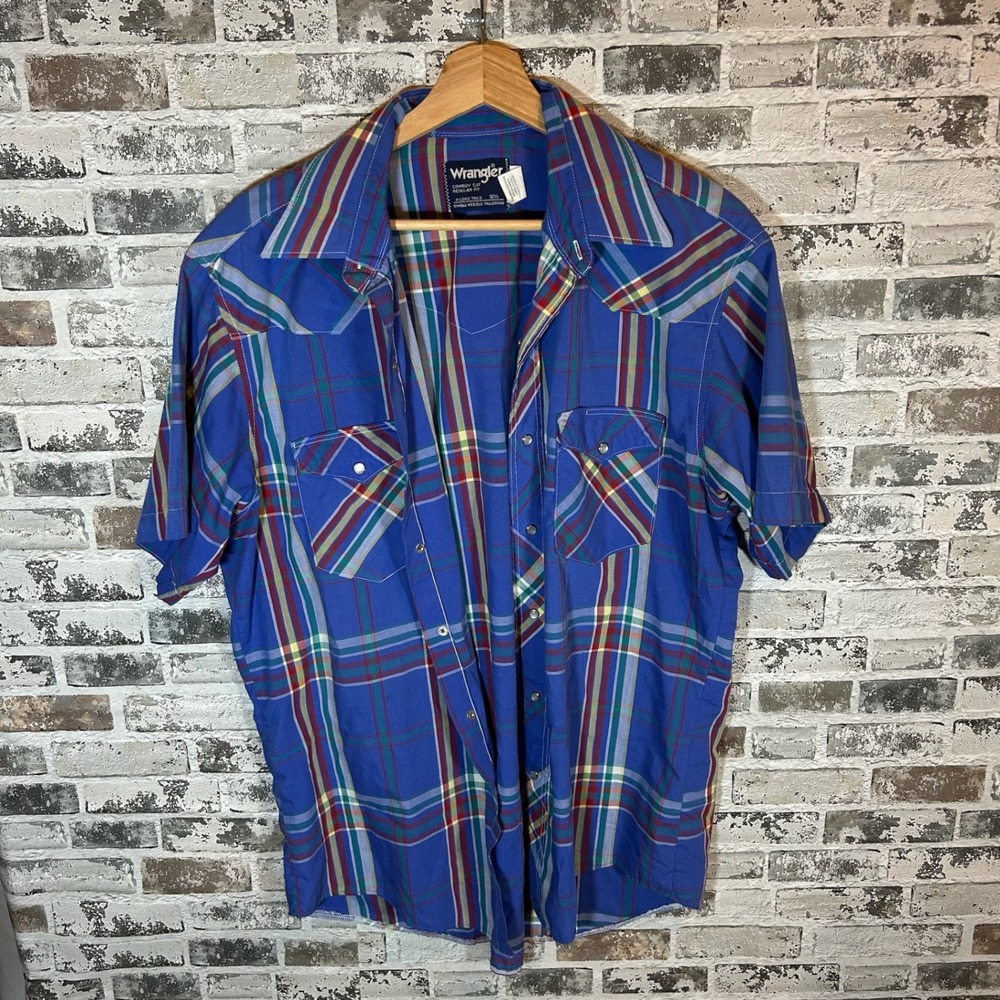 Wrangler Cowboy Cut Mens Blue Plaid Western Pearl Snap Short Sleeve Shirt 16.5 L - Picture 2 of 4